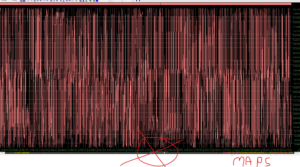 Screenshot van een dichte rode golfvorm-/datavisualisatie op een zwarte achtergrond met verticale balken over de gehele breedte en groene numerieke labels aan de rechterkant; gebruikersannotaties in rood linksonder.