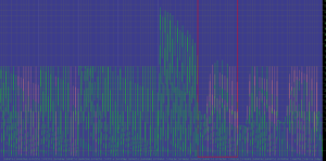 Dense data visualization with many vertical green (and some red) bars on a dark blue grid, two red guide lines crossing the chart, and hex-like labels along the bottom axis.