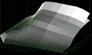 3D-oppervlakteplot met een gebogen grijs terrein, een groen draadraster en groene aslabels op een zwarte achtergrond.
